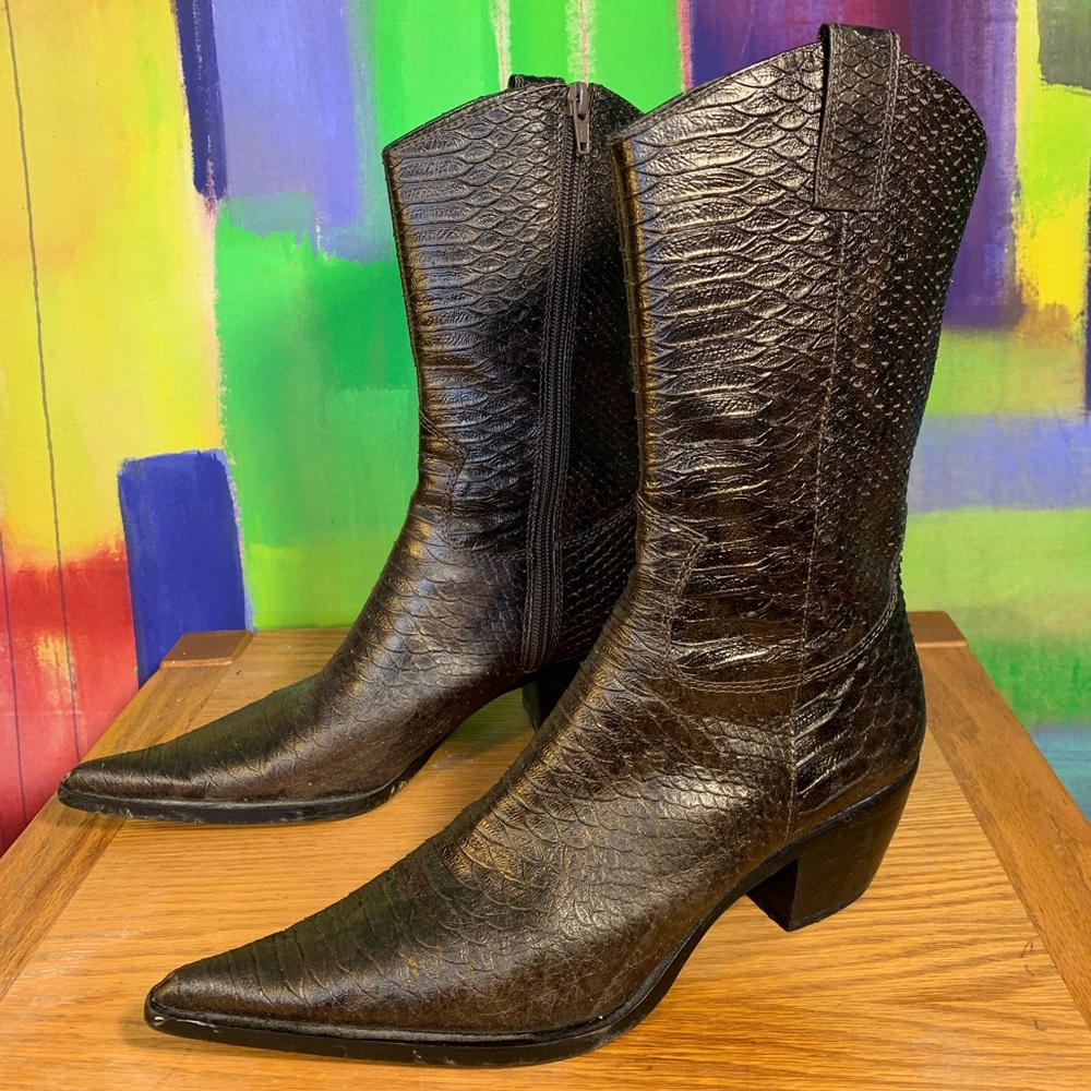 Steve Madden Kaden Black Metallic Leather Snakeskin Boots 7.5